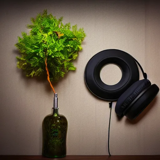 Prompt: headphones and a tree and a lamp and a record and a curtain and a bottle and a cable