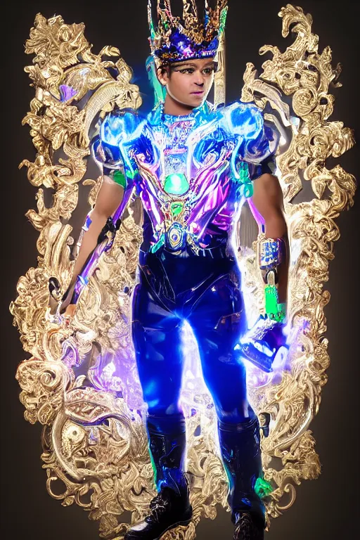 Image similar to full-body sculpture of a young handsome Latino prince as a half cibernetic android with a glowing blue battery in his chest, white laser beam coming out of his eyes, crown of giant diamonds, flowing neon-colored silk, fabric, raptors, in a cyperbunk and baroque style. baroque elements. full-length view. baroque element. intricate artwork by caravaggio. many many birds birds on background. Trending on artstation, octane render, cinematic lighting from the right, hyper realism, octane render, 8k, depth of field, 3D