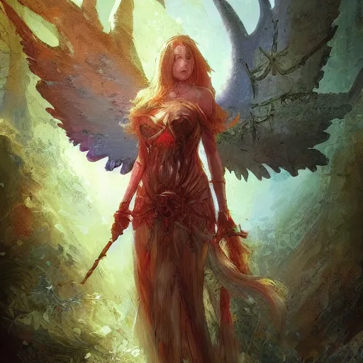 Image similar to a female angel warrior reigns on a magical forest, marc simonetti, detailed, artstation