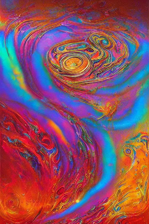 Image similar to fluid dynamics flow art a painting of a iridescent nebular with a colorful swirl shimmering with pearlescence, acrylic marbling art by sam spratt, beksinski, deviantart, psychedelic art, psychedelic, cosmic horror, chromatic