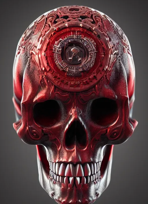 Image similar to 3d render ultra detailed of a skull, art deco, steam punk, intricate details, hyperrealistic, ultra detailed, elegant, octane render, black and red, 8k, trending on Artstation, unreal engine