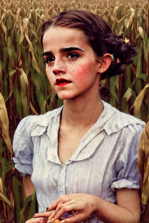 Image similar to photo photorealistic portrait photograph Emma Watson in a corn field 1950s portrait by Norman Rockwell