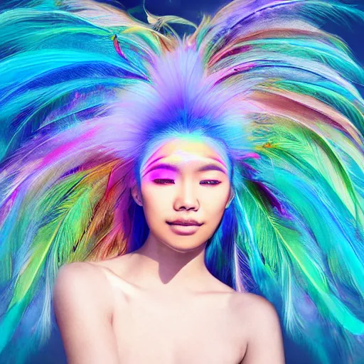 Prompt: A realistic centered portrait of a beautiful smiling ethereal asian sylph, ethereal vaporous tan skin, azure iridescent eyes, ethereal iridescent locks of hairs flying in the breeze and adorned with rainbow feathers, iridescent ethereal veils, flying high in the clouds:5| sunny weather, sss, translucency, long exposure, hologram, trending on artstation, soft natural lighting and shadows, VFX, CG:2| expressionless, neutral, deformed, jpeg artifacts, illustration, anime:-1 portrait 2.5