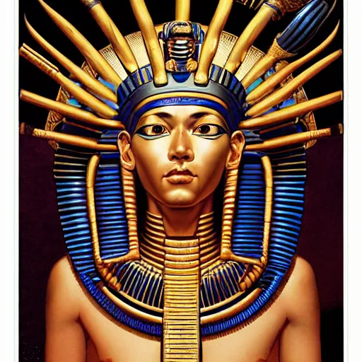 Prompt: portrait of crazy tutankhamun, symmetrical, by yoichi hatakenaka, masamune shirow, josan gonzales and dan mumford, ayami kojima, takato yamamoto, barclay shaw, karol bak, yukito kishiro