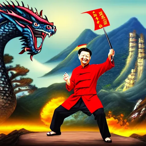 Prompt: Chinese president, battle, bananas weapon, dragon, mountains background, fighting stance, painting