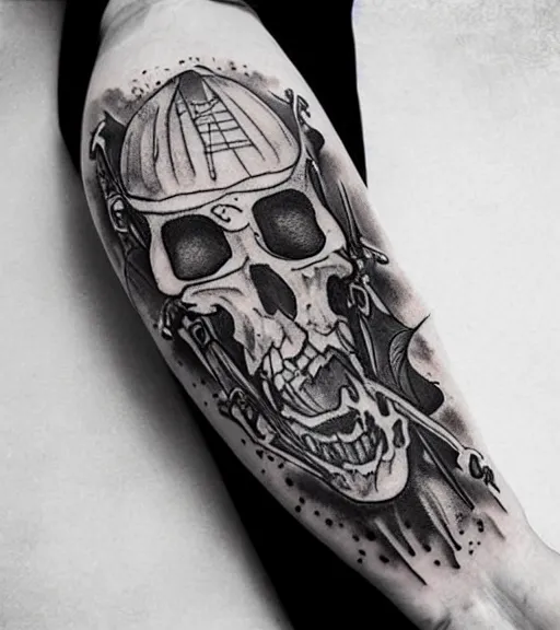 Image similar to A realistic tattoo design sketch of a pirate ship, white background, black and white, highly detailed tattoo, realistic tattoo, realism tattoo, beautiful shades