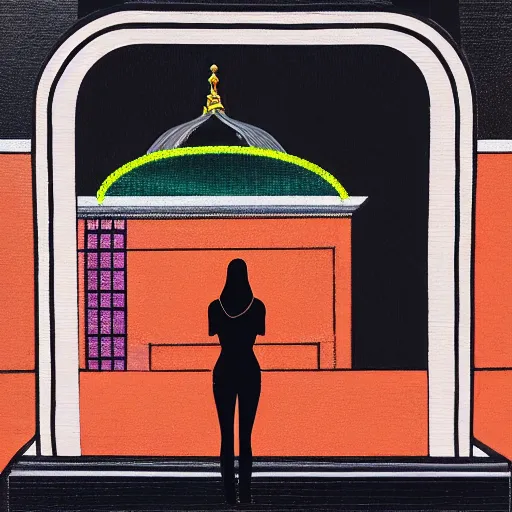 Image similar to detailed portrait of a beautiful woman, courtyard, capital, mosque interior, reflections, control panel, watcher, omniscient, covered walkway, obsidian, orange teal gray black, tech noire, few neon signs, surreal oil on canvas