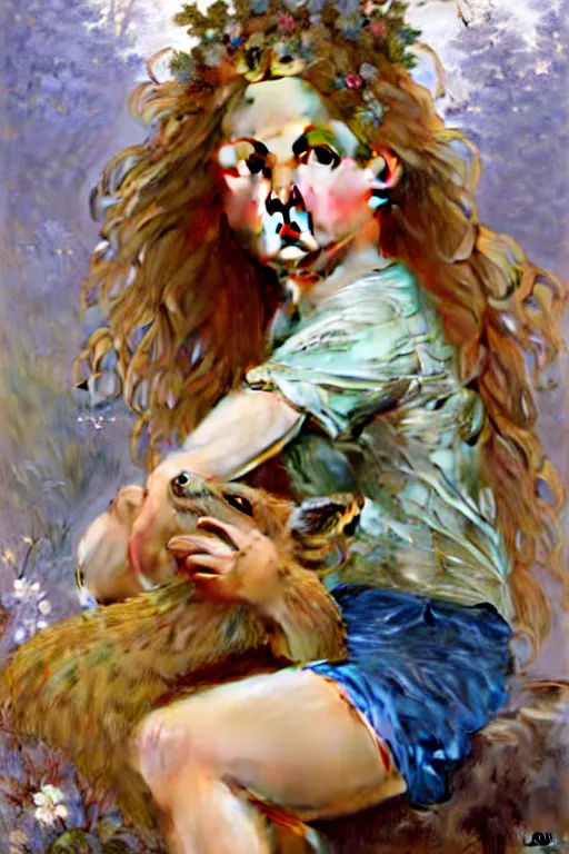 Image similar to a seven - year old with long curly dirty blonde hair, blue eyes, tan skin a tee shirt and shorts, playing with foxes, painting by daniel gerhartz, alphonse mucha, bouguereau, detailed art, accurate facial details, no blush, artstation