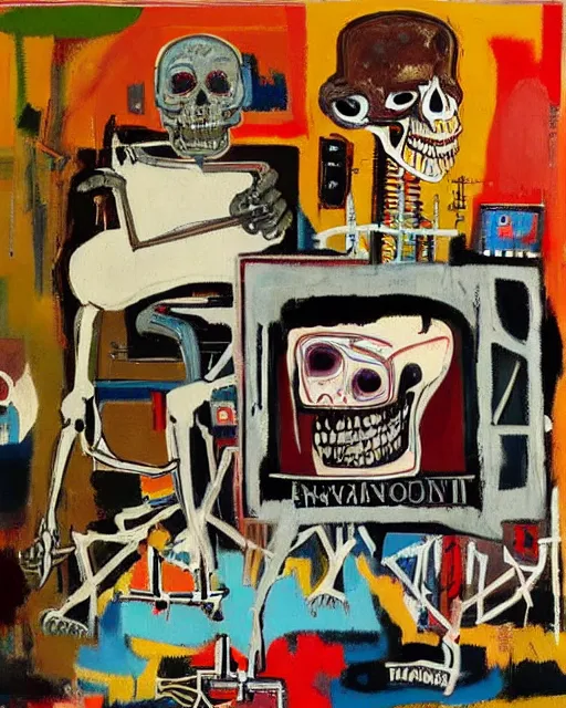 Image similar to oil neo expressionism painting of skull skeleton playing console video games infront of tv by basquiat and norman rockwell