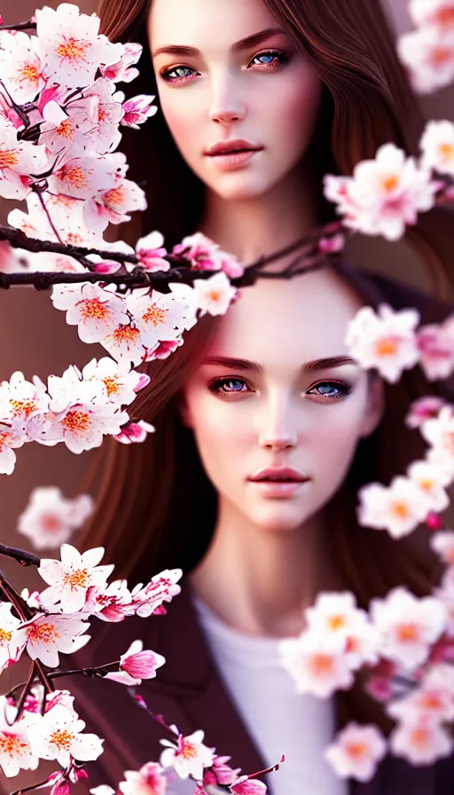 Image similar to photo of a gorgeous young european female in the style of stefan kostic, realistic, half body shot, sharp focus, 8 k high definition, insanely detailed, intricate, elegant, art by stanley lau and artgerm, extreme blur cherry blossoms background