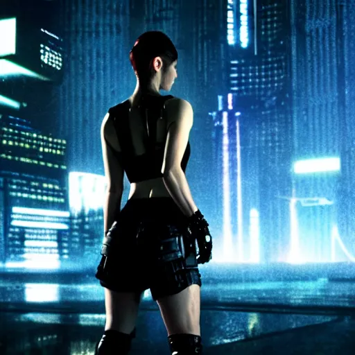 Image similar to anna paquin starring in a cyberpunk movie in a distopic futuristic city in the style of bladerunner, wearing a cropped black tank top, mini shorts and black boots, firing a gun, muzzle flash, movie still, highly detailed, rainy night, volumetric lights, studio lighting, dramatic, scifi, sharp focus