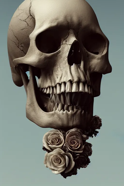 Prompt: skull bust, technology vs nature, split in half, extruded out of the face, roccoco roses, beautiful natural soft light, unreal engine, octane render, photorealistic by michael komarck, greg rutkowski, victo ngai, artgerm, willem claesz heda and j. dickenson