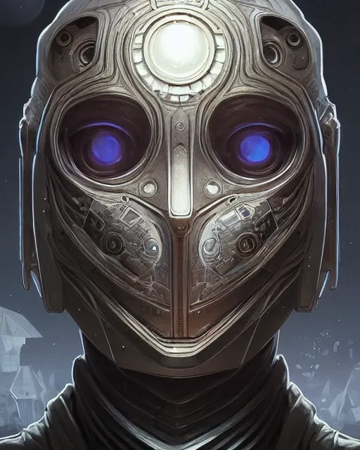 Prompt: professional ominous concept art portrait of a robot character with a flat metallic mandala face by artgerm and greg rutkowski. an intricate, elegant, highly detailed digital painting, concept art, smooth, sharp focus, illustration, in the style of simon stalenhag, wayne barlowe, and igor kieryluk.