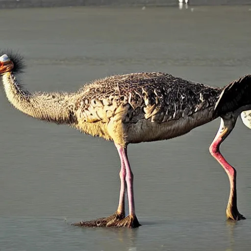 Prompt: ostrich and crocodile hybrid animal, realistic photo