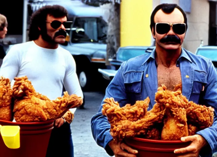 Image similar to film still of burt reynolds holding a bucket of fried chicken in cannonball run 1 9 8 2