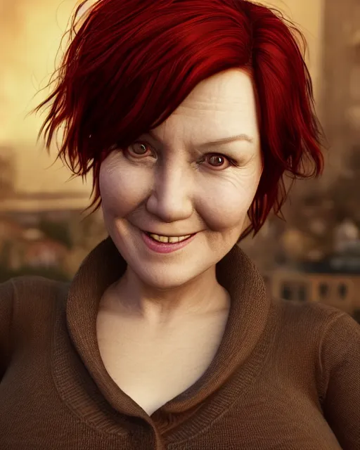 Prompt: portrait of happy short and plump 5 0 - year - old woman with red hair and, kind face, short hair, wearing in cardigan, hyper realistic face, beautiful eyes, character art, art by mark brooks, hyperdetailed, cryengine, trending on artstation, digital art