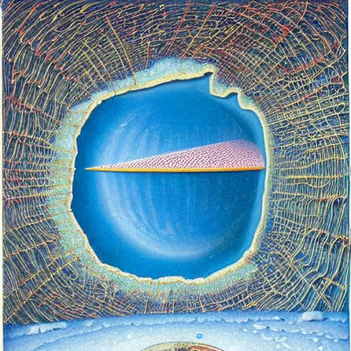 Image similar to codex seraphinianus of the flat earth model surrounded by a ice wall and firmament