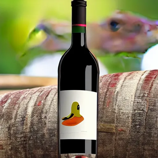 Prompt: a duck on top of a bottle of wine