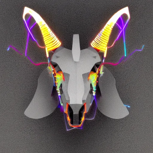 Image similar to cybernetic evil goat head merged with complex circuitry and machinery, multicolored