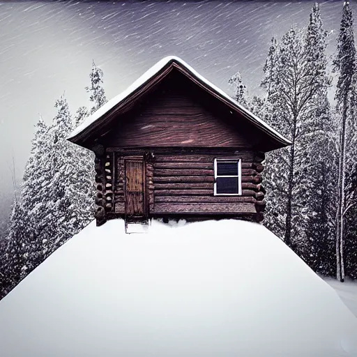 Prompt: a cabin on a hill, snowstorm, winter, smoke rising from the pipe, by alex andreev, landscape, high contrast, digital, complementary colors