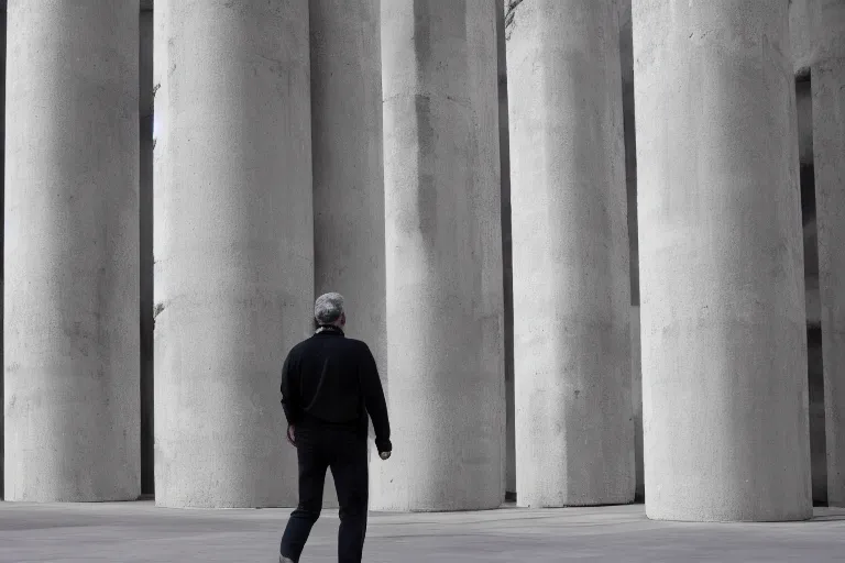 Prompt: a man walking through a brutalist cement structure with towering pillars and high ceilings