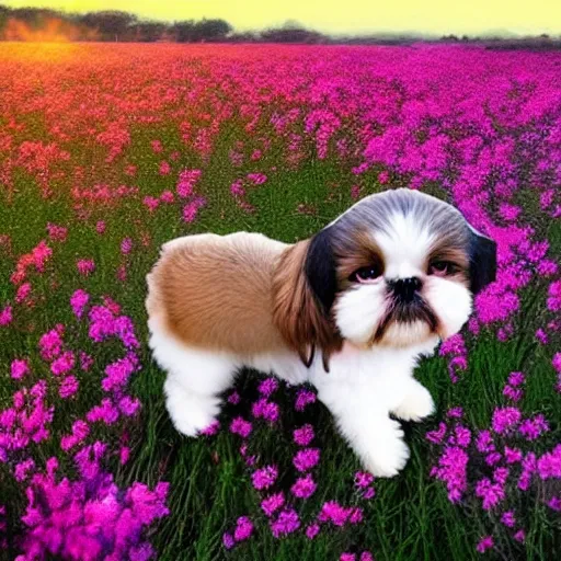 Image similar to shih tzu in a field full of flowers, photo realistic, with a sunset