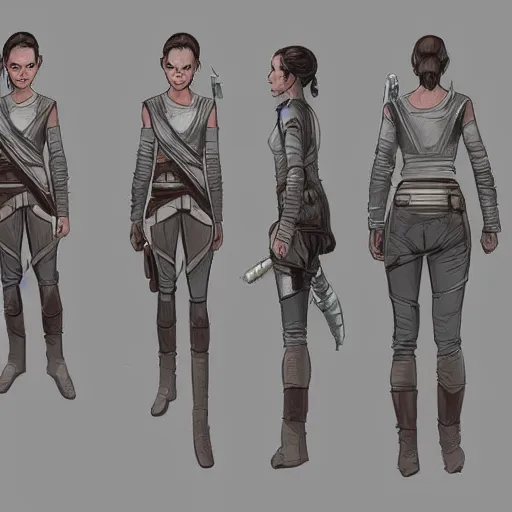 Prompt: ryan church concept art sketch star wars rey character reference sheet