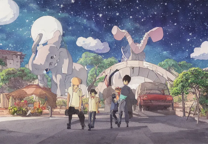 Image similar to a hyperrealist watercolor concept art from a studio ghibli film showing a giant grey dumbo the elephant. a temple is under construction in the background in india on a misty and starry night. by studio ghibli. very dull muted colors