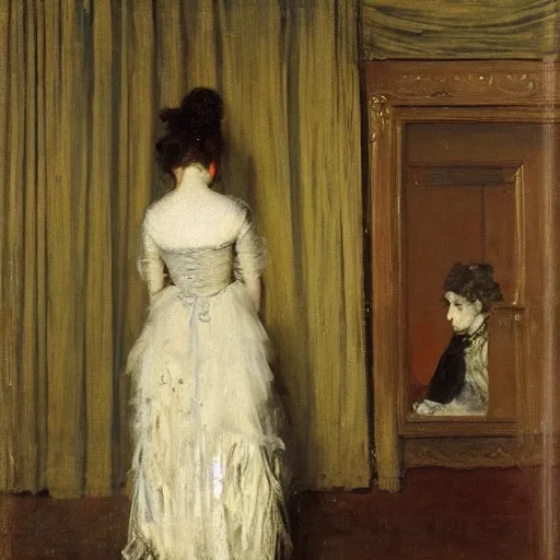 Image similar to a theatre actress waiting behind the curtain on stage, by alfred stevens