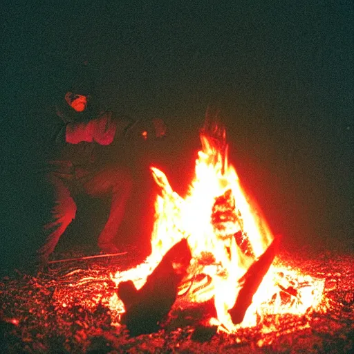 Image similar to cinestill of a xenomorph backlit by a bonfire at night