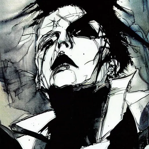Image similar to DC vertigo The Sandman portrait by Yoji Shinkawa and Ashley Wood, black and white, ink brush
