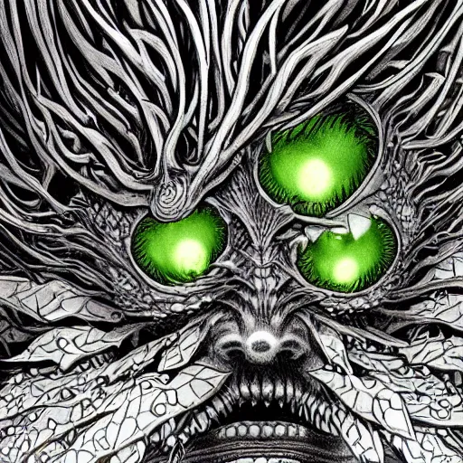 Prompt: a plant monster, menacing expression, nature themed, 4 k, glowing amber eyes, intricate details, highly detailed, kentaro miura art style