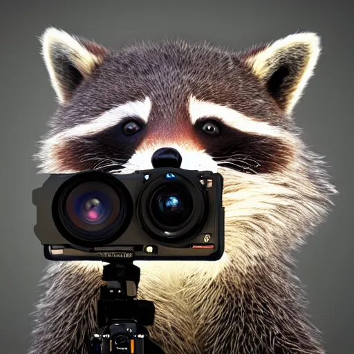 Image similar to a hyperrealistic octane render of a raccoon holding a dslr camera taking a photograph, photorealism, unreal engine, dramatic lighting, volumetric lighting, uplighting