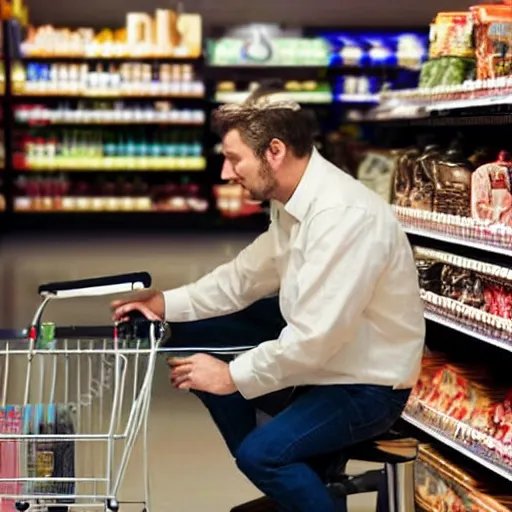 Image similar to a man in a store at 3 in the night he's bored and sitting on his chair working on a supermarket and there's only one light on