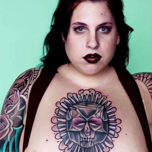 Prompt: full body tattooed woman. The tattoo is Jonah Hill. Human female subject of photo. Tattoo by Kat Von D. Tattoo by Amy Nicoletto. 4k photo