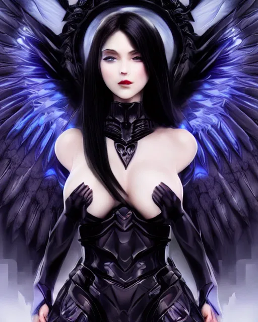 Image similar to perfect raven haired attractive succubus with huge black dove wings, destiny armor, beautiful, symmetric, dreamy, half asian, pretty face, blue eyes, detailed, scifi platform, laboratory, experiment, 4 k, ultra realistic, epic lighting, android body, illuminated, cinematic, masterpiece, art by akihito tsukushi, voidstar