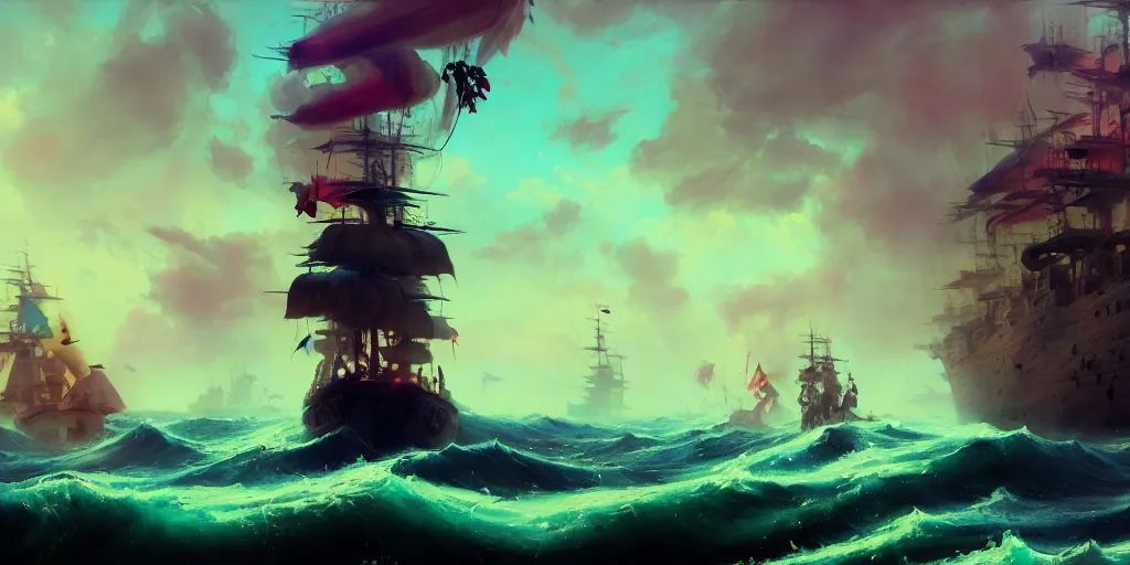 Image similar to a pirate standing on the nose of the ship commanding to his crew to attack another ship, psychedelic mushroom colors everywhere, extremely detailed digital painting, in the style of fenghua zhong and ruan jia and jeremy lipking and peter mohrbacher, mystical colors, rim light, beautiful lighting, 8 k, stunning scene, raytracing, octane, trending on artstation