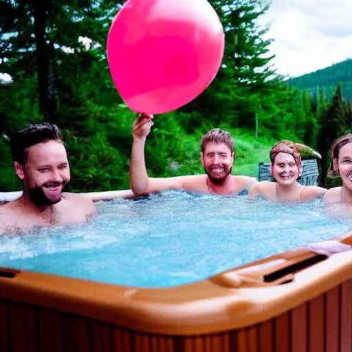 Prompt: people in a hot tub by a cabin in nature, everyone holding a balloon each