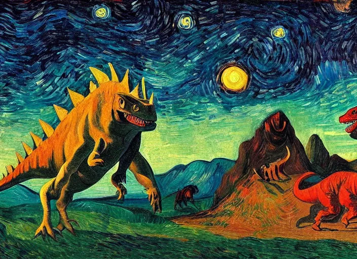 Image similar to painting of the extinction of the dinosaurs with asteroid and fire, in the style of edward hopper and vincent van gogh, dramatic lighting at dusk