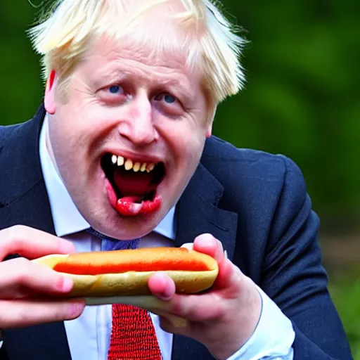 Image similar to boris johnson eating a hotdog mouth wide open