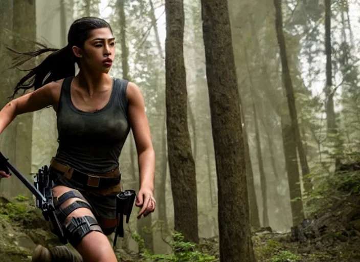 Image similar to film still of!!!! amber midthunder!!! as lara croft in new tomb raider movie, 8 k