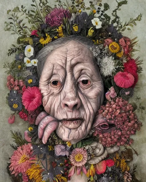 Image similar to a fleshy old woman covered in flowers in the style of Giuseppe Arcimboldo and james jean. Covered in wispy gray hair with a hint of neon.