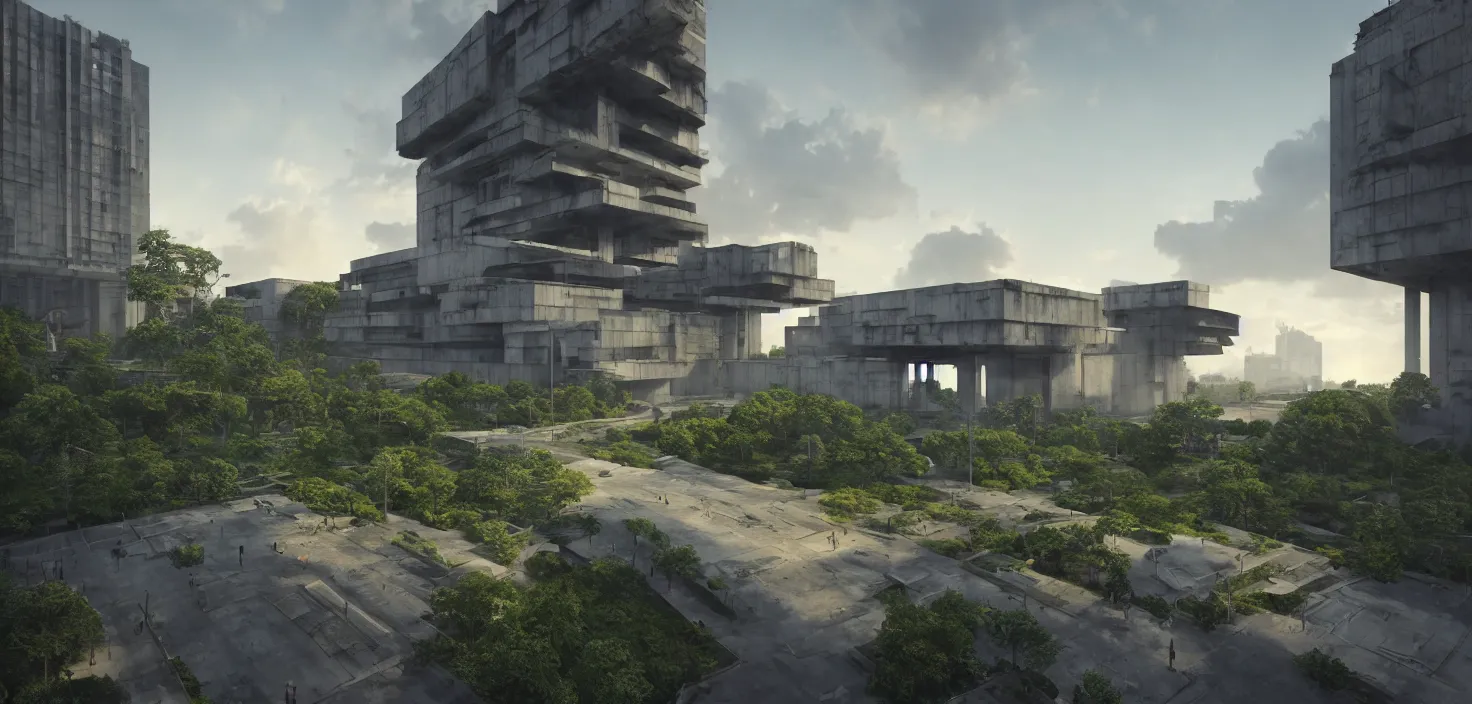 Image similar to simple brutalist architecture, surrounded by lush green vegetation, stunning volumetric lighting, sunset, metal, concrete, translucent material, stunning skies, 8k, photorealistic, hyper detailed, unreal engine 5, IMAX quality, cinematic, epic lighting, digital painting in the style of DOOM, by Greg Rutkowski, trending on Artstation