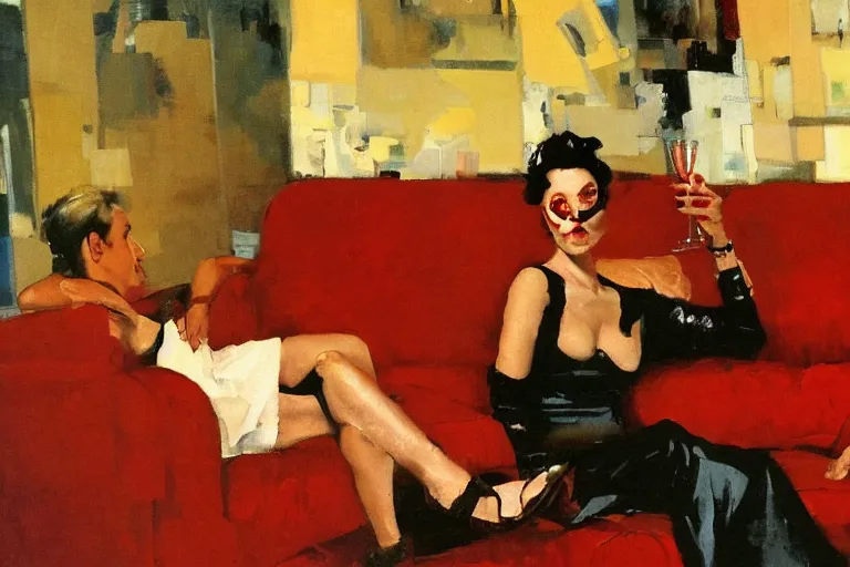 Prompt: a woman in a red dress sits on a sofa and drinks champagne in a dark living room, painted by phil hale and rick berry and dean cornwell and norman rockwell and jeremy mann