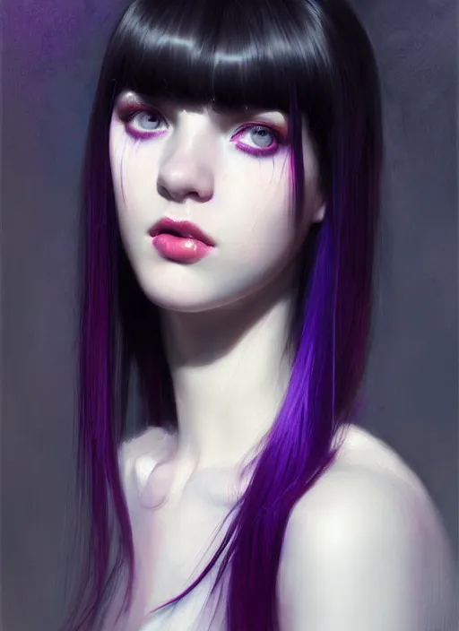 Image similar to portrait of teenage girl, red irises, bangs, black and white hair, white bangs, purple clothes, white bangs, bangs, black hair and white bangs, intricate, elegant, glowing lights, highly detailed, digital painting, artstation, concept art, smooth, sharp focus, illustration, art by wlop, mars ravelo and greg rutkowski