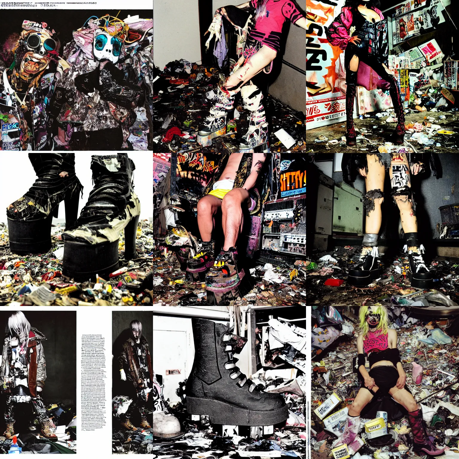 Prompt: photo of ripped up dirty platform boots by Swear in the style of Rammellzee Garbage Gods in the style of 1990's FRUiTS magazine 20471120 in japan in a dirty dark dark dark poorly lit bedroom full of trash and garbage server racks and cables everywhere in the style of Juergen Teller in the style of Shoichi Aoki, japanese street fashion, KEROUAC magazine, magazine 1990's, Vivienne Westwood, y2K aesthetic