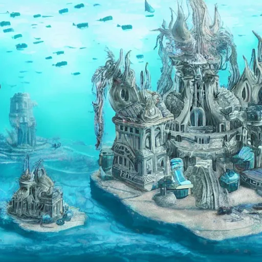 Image similar to an underwater city with submarine transporting people