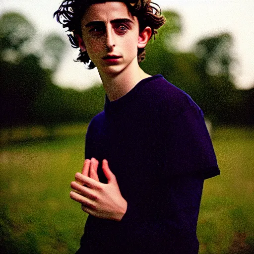 Image similar to photo of timothee chalamet, facing the camera, kodak ektachrome, portrait, close up, kodak gold 2 0 0, 5 0 mm, fuji 8 0 0, polaroid, night time, bonfire, low light