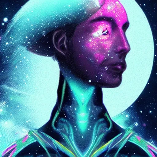 Prompt: portrait from a avian bird alien, feathers, synthwave, universe background, nebula, galaxy, artstation