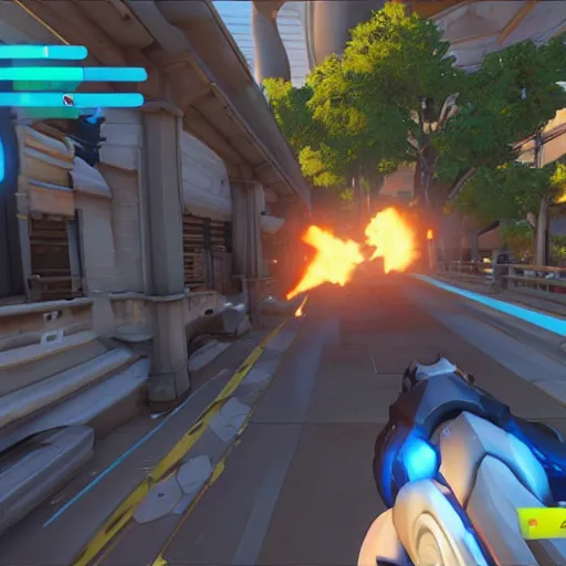 Prompt: screenshot from a game of overwatch, first person, coherent